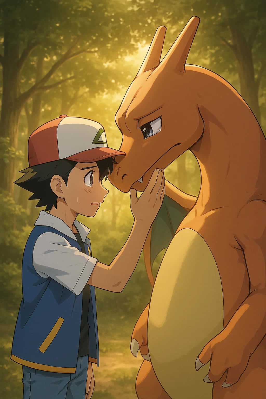 Charizard Pokemon HD Wallpaper WEBP 4K Background Download 壁紙 — 一位年輕訓練家在陽光普照的森林中輕輕觸摸一隻大型橙色噴火龍的鼻子。