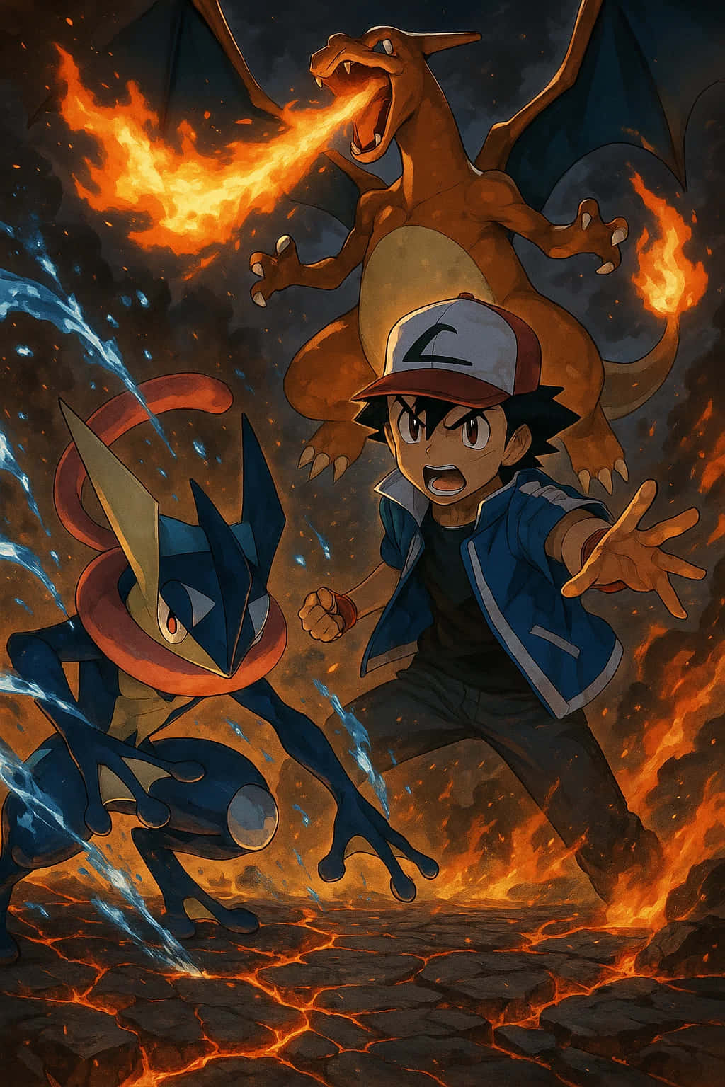 Charizard Pokemon HD Wallpaper WEBP 4K Background Download 壁紙 — 一位年輕訓練家挑釁地站在噴火的噴火龍和釋放冰冷爆風的水系寶可夢之間，在熔岩戰場上。