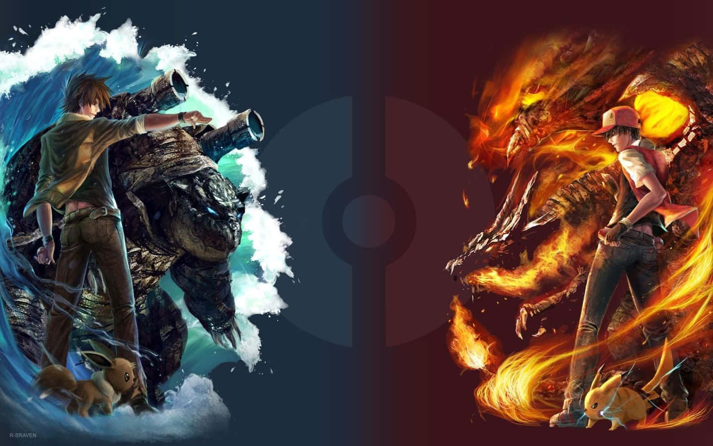 Epic Charizard 桌布 壁紙 — 一位年輕訓練家正在與左邊的水屬性寶可夢和右邊的火屬性寶可夢戰鬥，中間有一個精靈球標誌。