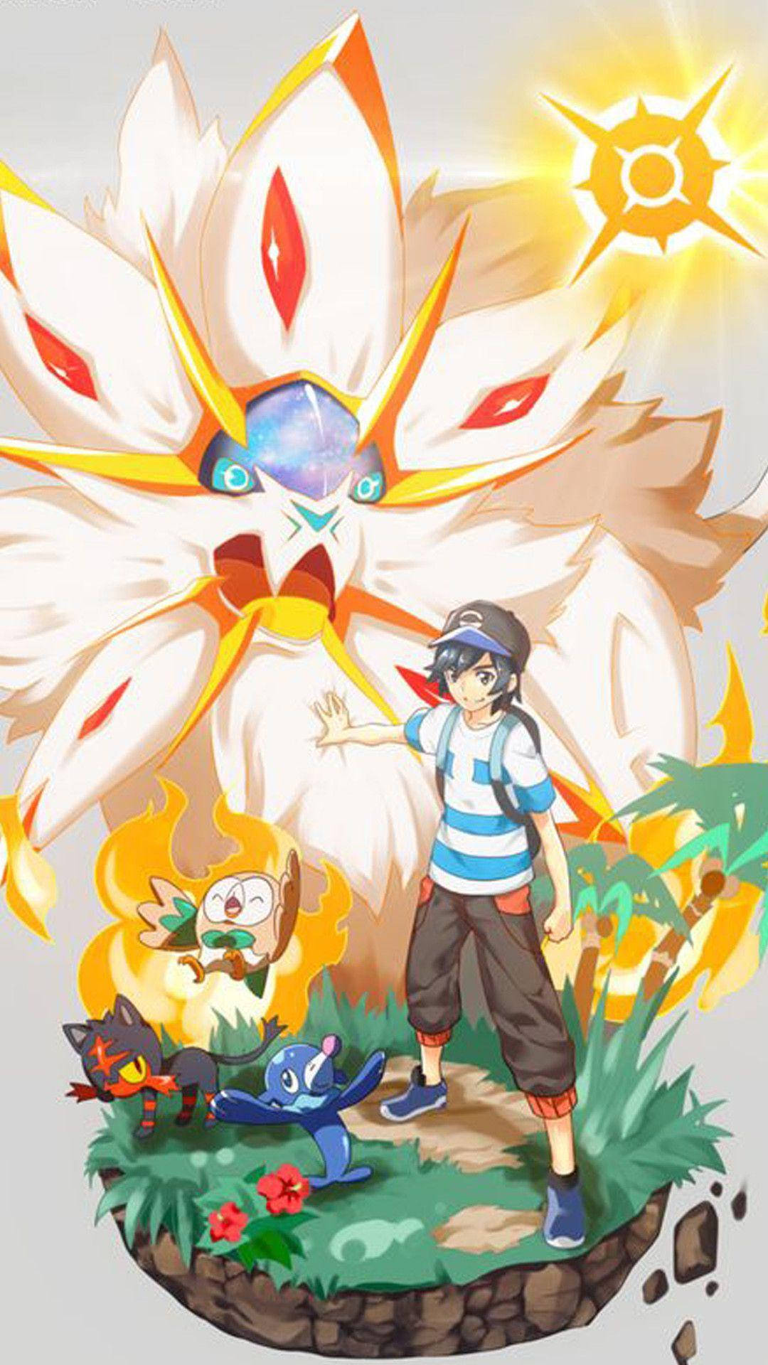 Rowlet 桌布 壁紙 — 一位年輕訓練家站在浮島上，與三隻寶可夢一起，旁邊有一隻巨大的白色狐狸狀生物，在燦爛的陽光下。