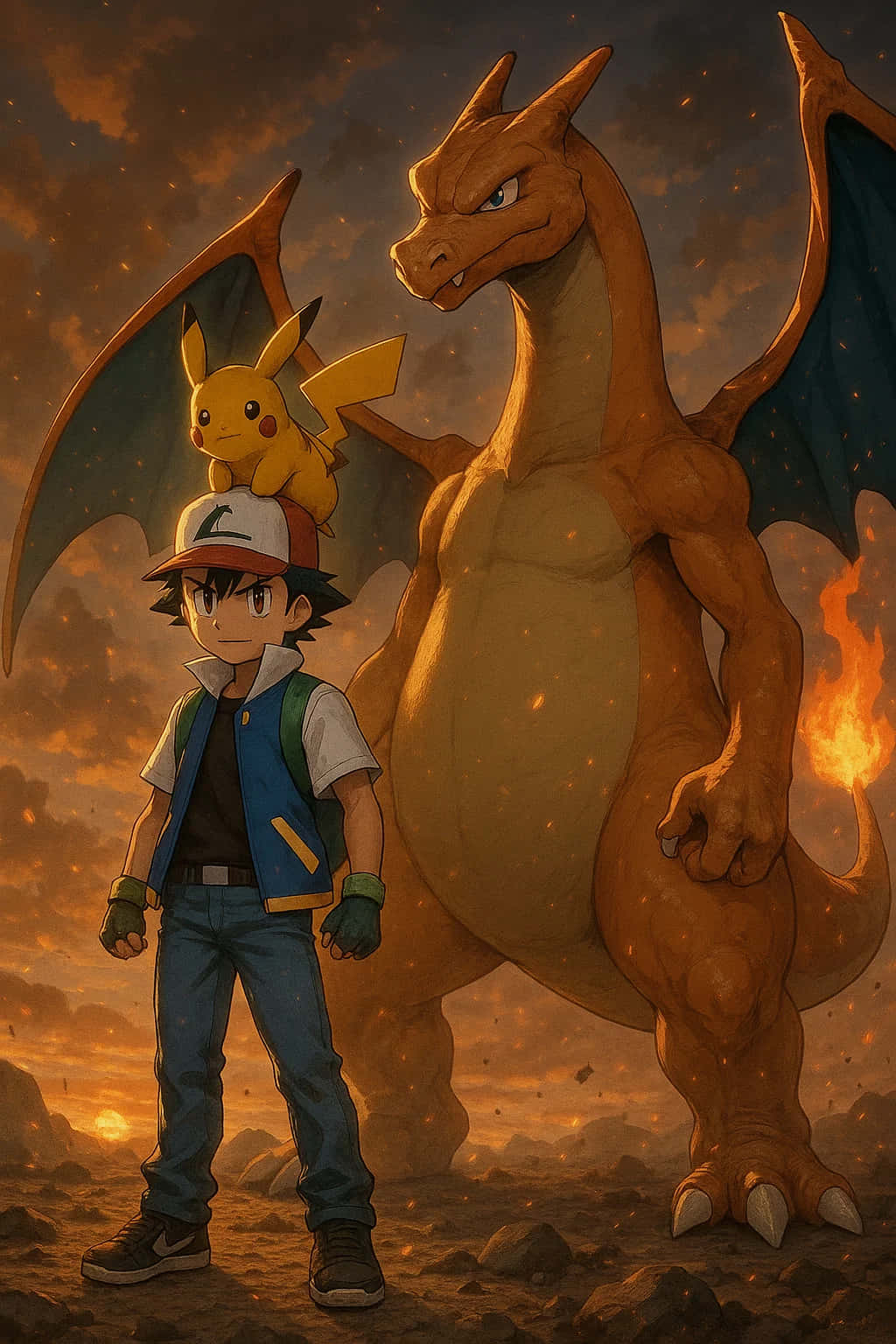 Charizard Pokemon HD Wallpaper WEBP 4K Background Download 壁紙 — 一位年輕訓練家站在高聳的噴火龍旁邊，皮卡丘棲息在他的頭上，背景是熾熱的夕陽天空。