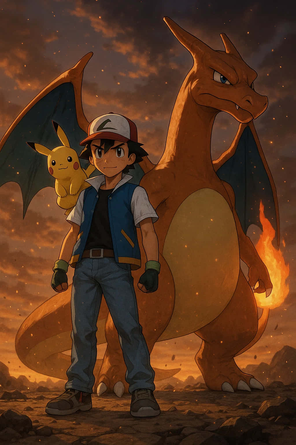 Charizard Pokemon HD Wallpaper WEBP 4K Background Download 壁紙 — 一位年輕訓練家自信地站在一隻尾巴有火焰的橙色龍系寶可夢旁邊，肩上站著一隻黃色電系寶可夢，背景是火紅的夕陽天空。