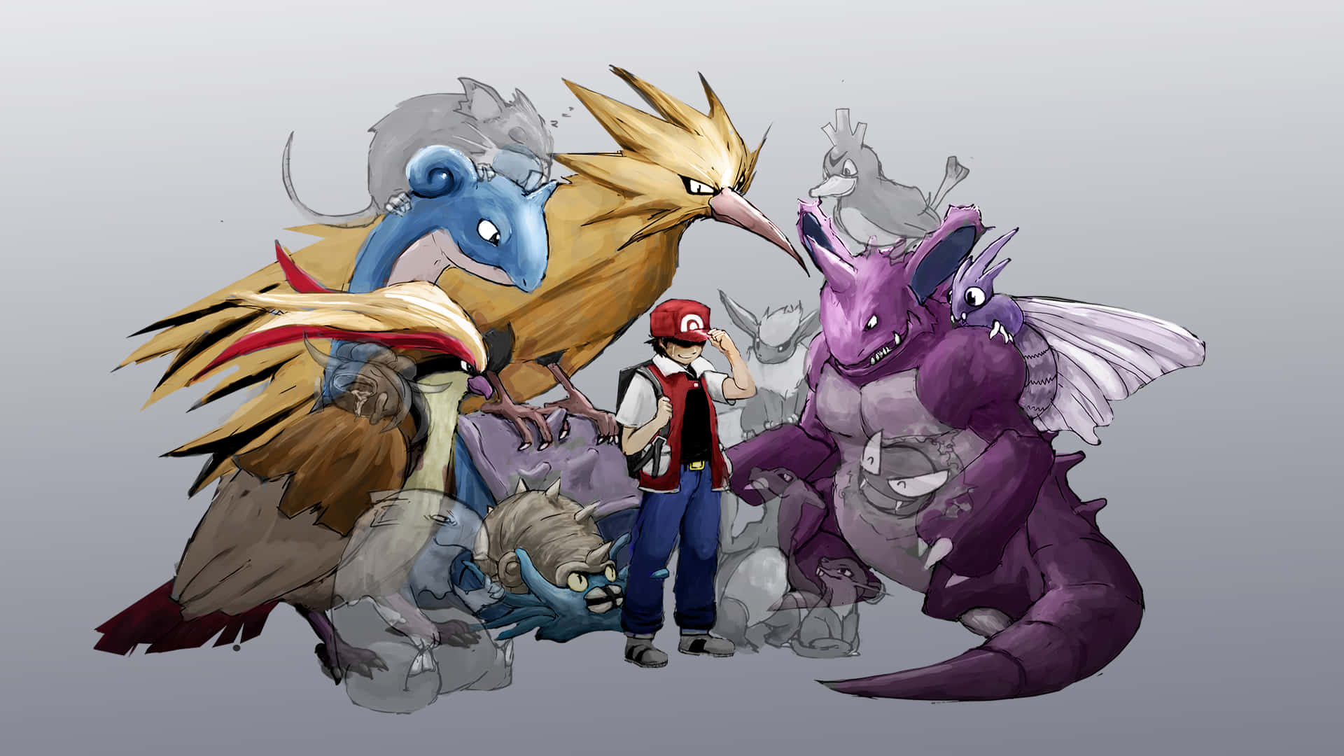 Nidoking 桌布 壁紙 — 一位年輕訓練家自信地站在純灰色背景前，被一群充滿活力的傳說寶可夢包圍。