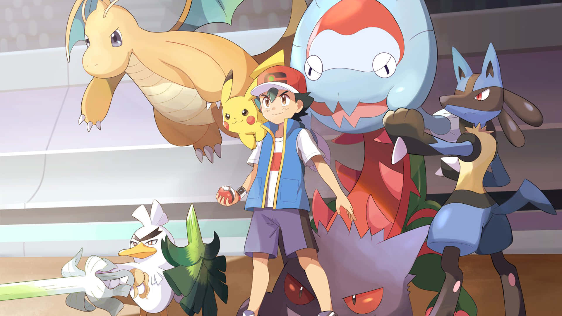 Ash And Pikachu 桌布 壁紙 — 一位年輕訓練家自信地與他的六隻寶可夢隊友站在光線明亮的室內競技場中。