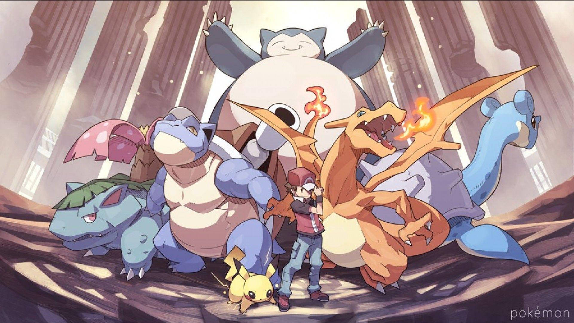 Pokemon Aesthetic 桌布 壁紙 — 一位年輕訓練家自豪地站在宏偉的寺廟場景中，與他的標誌性寶可夢隊伍一起，包括噴火龍、妙蛙種子、傑尼龜和皮卡丘。