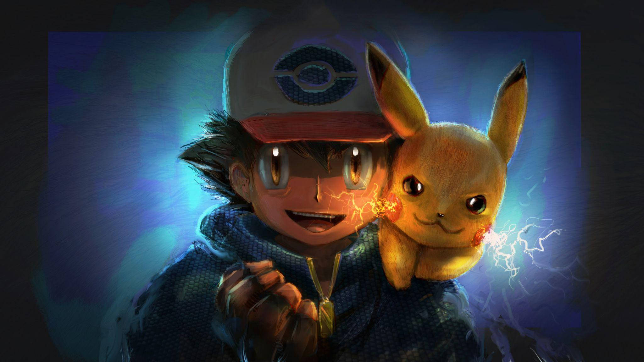 高清 桌布 壁紙 — 一位年輕訓練家與他的電屬性寶可夢皮卡丘在閃電環繞的藍色發光背景中分享歡樂時刻。