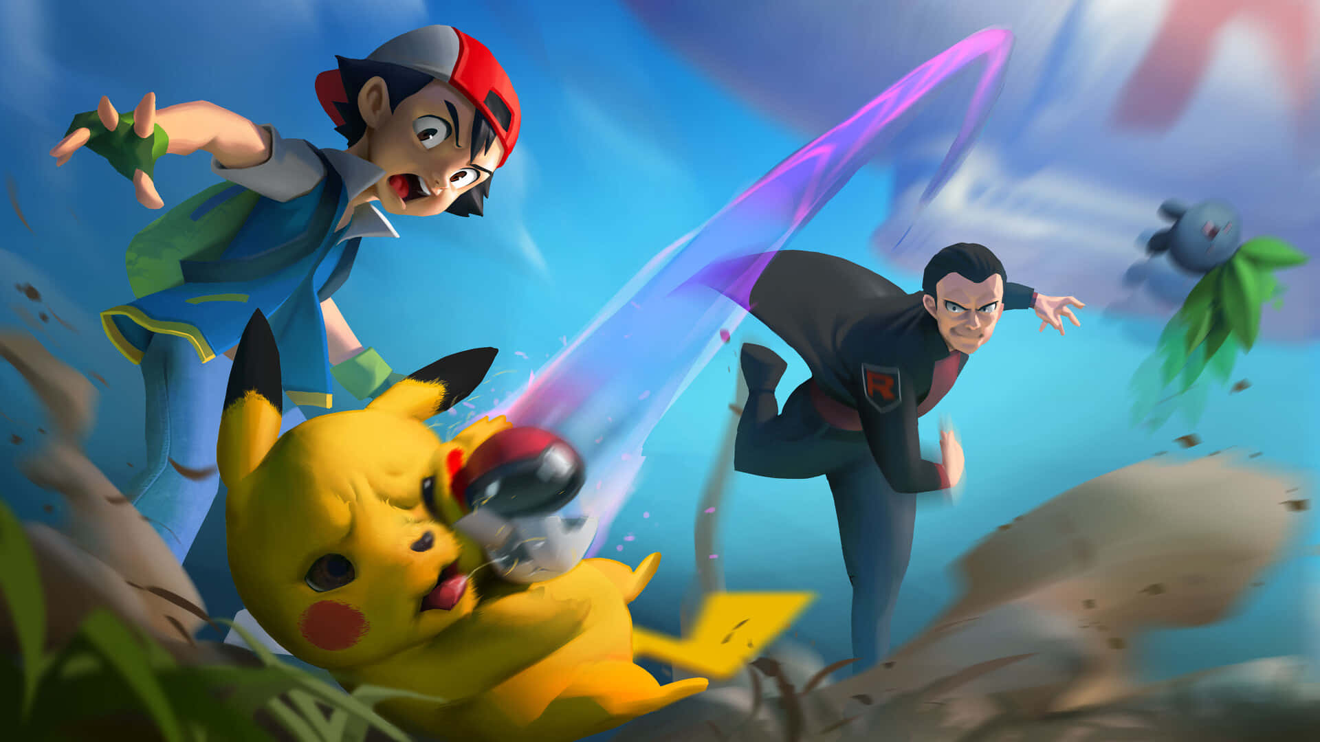 Ash And Pikachu 桌布 壁紙 — 一位年輕訓練家與皮卡丘在充滿活力的能量效果和飛揚的碎片中與敵人戰鬥的動態動畫場景。