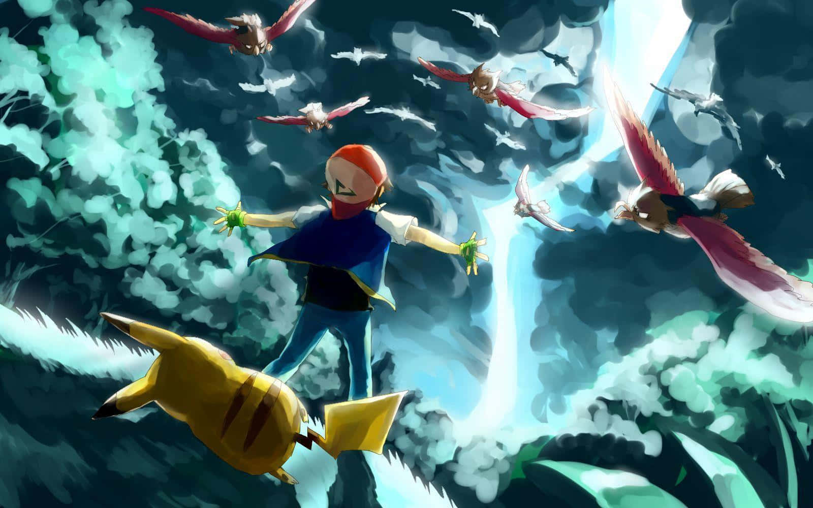 Pokemon Fan Art 桌布 壁紙 — 一位年輕訓練家與皮卡丘在發光瀑布下，跳過風暴天空，被飛行寶可夢包圍。