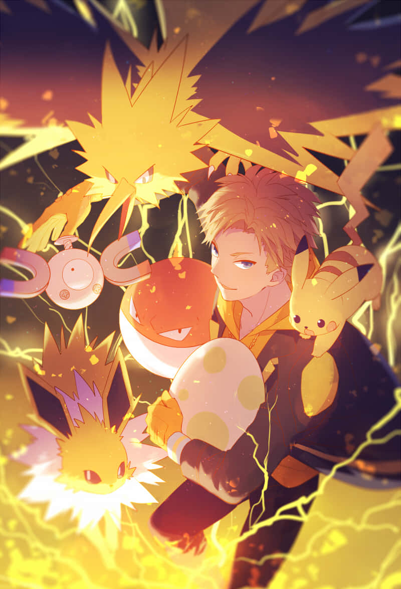 Pokémon 手機 桌布 壁紙 — 一位年輕訓練家被皮卡丘和雷丘等電系寶可夢包圍，周圍是發光的黃色閃電和火花。