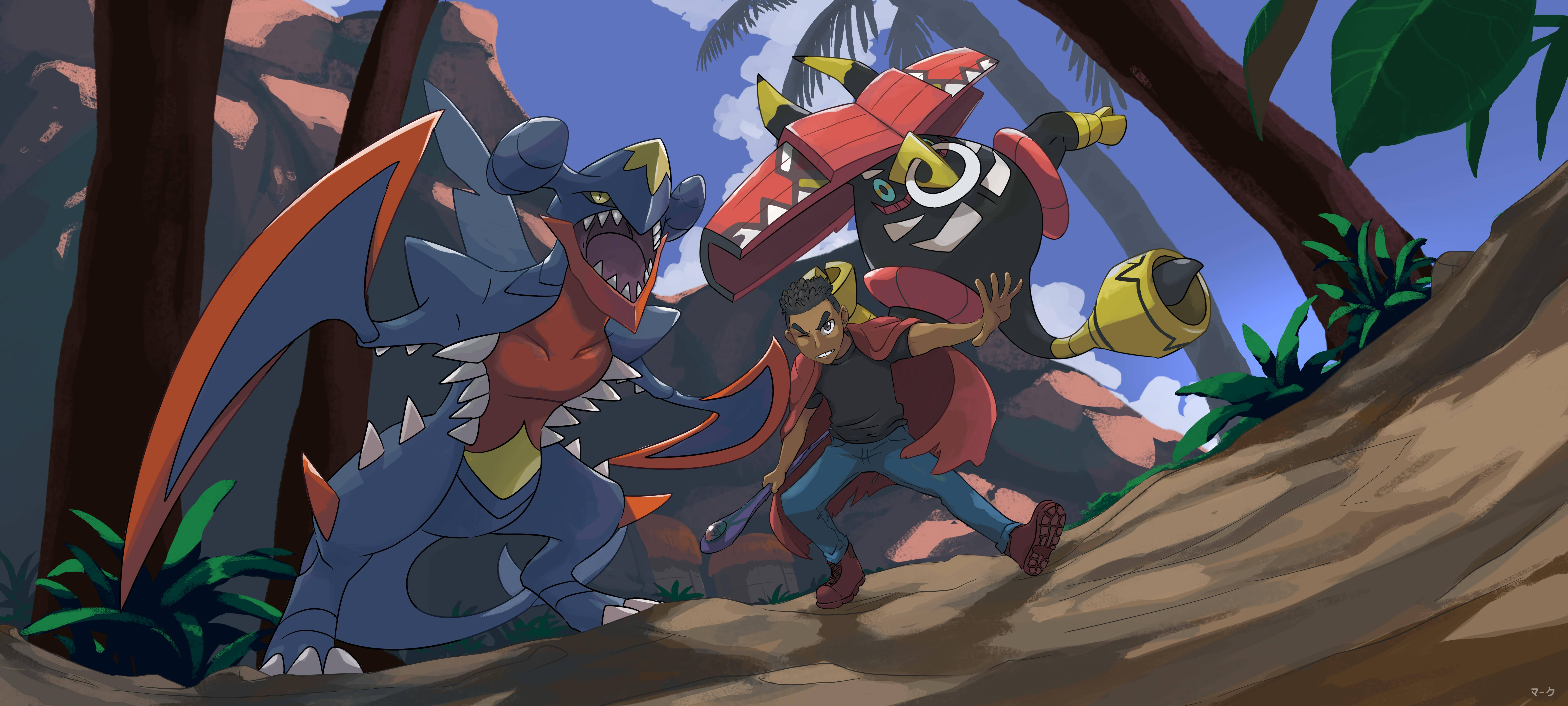 Garchomp 桌布 壁紙 — 一位年輕訓練家跑過叢林，兩隻大型龍系寶可夢帶著兇猛的表情追趕他。