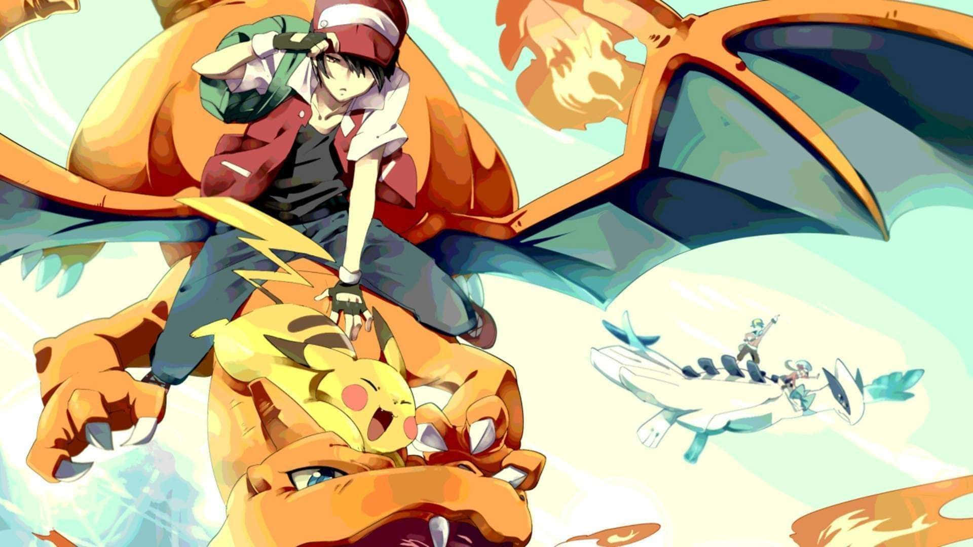 Pokemon Characters 桌布 壁紙 — 一位年輕訓練家騎著火焰龍，而皮卡丘向前跳躍，構成動態的動畫戰鬥場景。