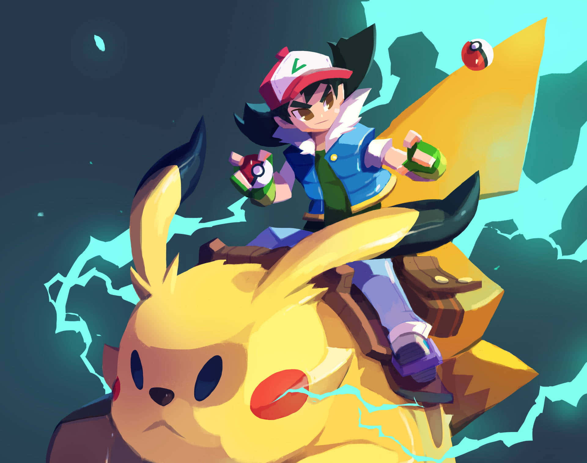 Ash And Pikachu 桌布 壁紙 — 一位年輕訓練家騎著黃色皮卡丘穿過黑暗的天空，伴隨著電光藍色閃電和漂浮的精靈球。