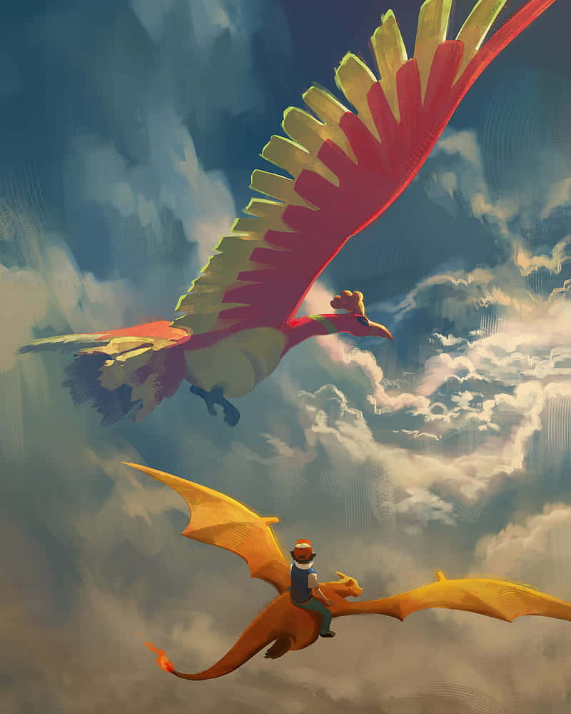 訓練師在飛翔鳳凰下騎龍，天空多雲