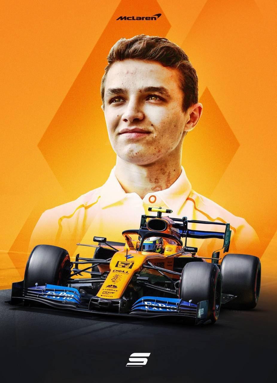 Racing 桌布 壁紙 — 一位年輕賽車手穿著黃色McLaren馬球衫，站在他橙色和藍色的一級方程式賽車後面，背景是鮮明的橙色幾何圖案。