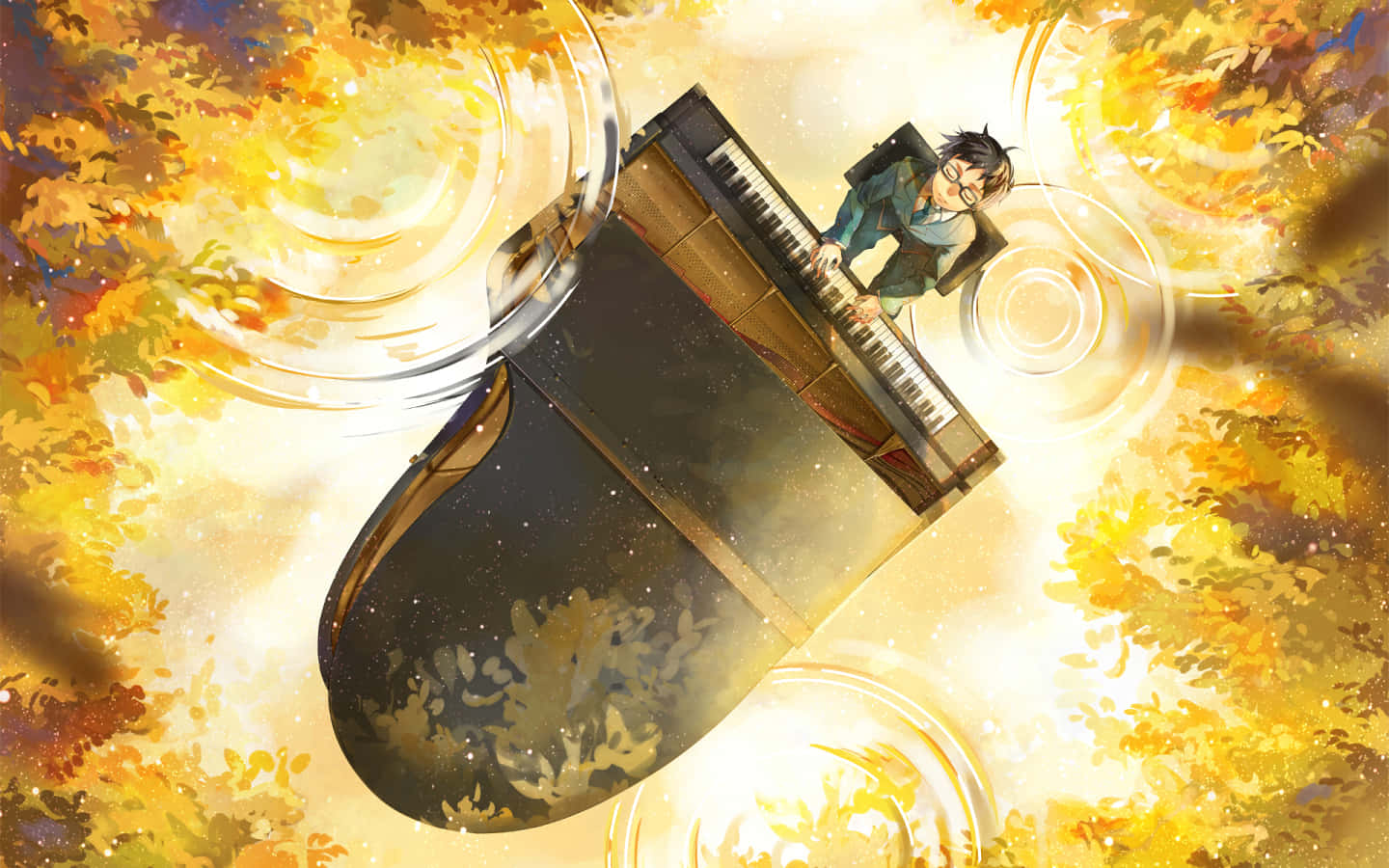 Your Lie In April 桌布 壁紙 — 一位年輕鋼琴家在金色秋葉和溫暖光線的漩渦中彈奏懸浮的三角鋼琴。