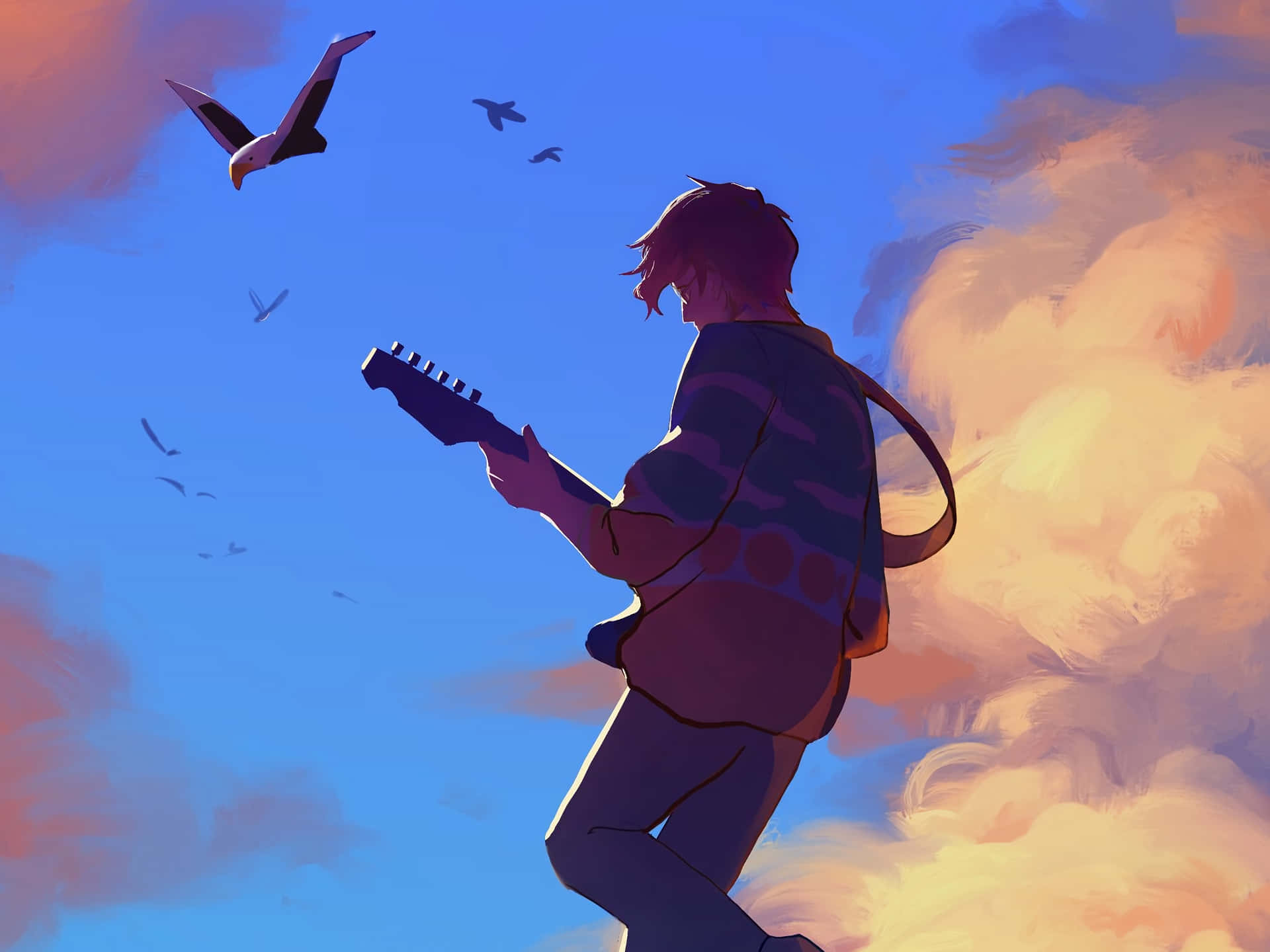 我的世界 桌布 壁紙 — 一位年輕音樂家在充滿活力的日落天空下彈吉他，鳥兒在頭頂翱翔。