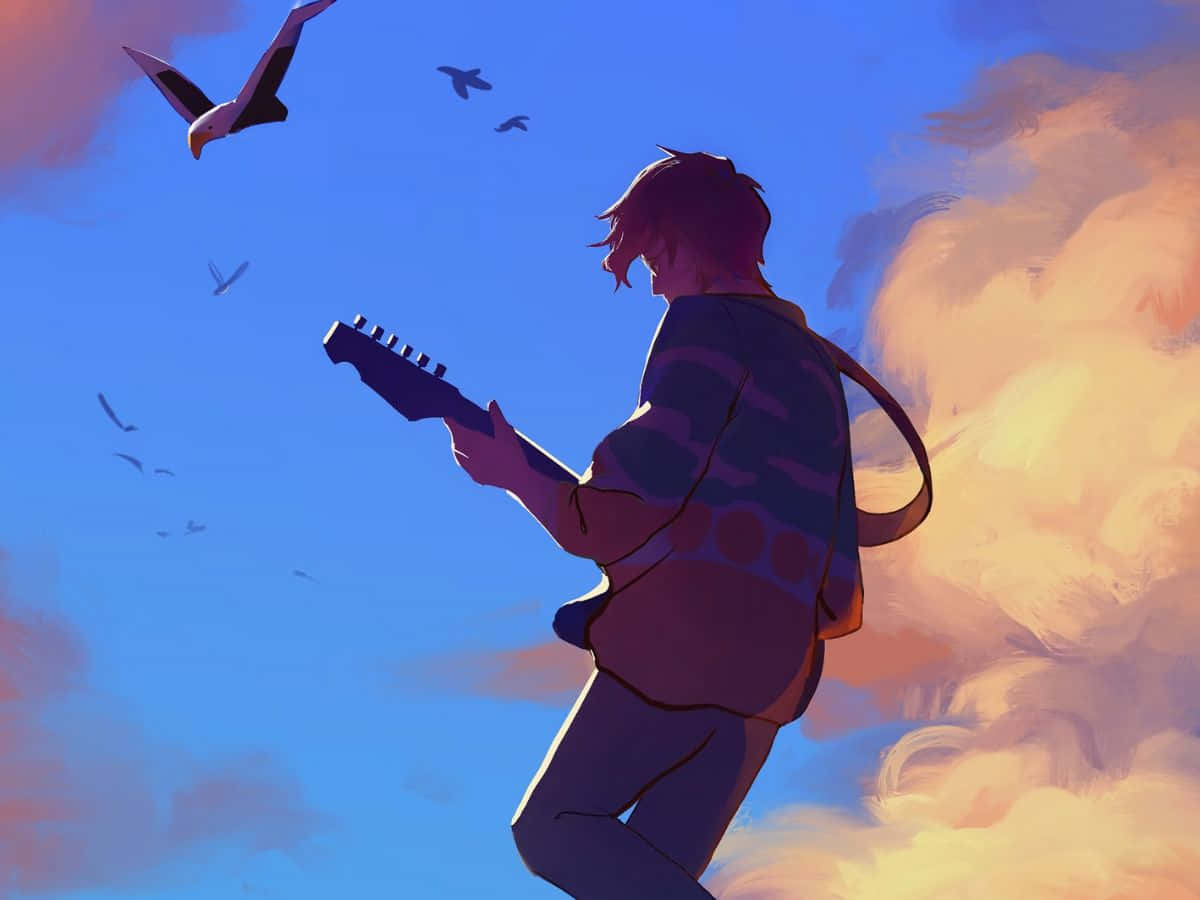 威爾伯·索特 桌布 壁紙 — 一位年輕音樂家在充滿活力的日落天空下彈吉他，鳥兒在頭頂翱翔。