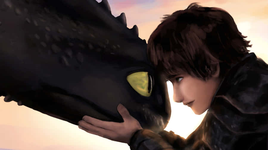 How To Train Your Dragon 4K 桌布 壁紙 — 一位年輕騎士在柔和的日落天空下，輕輕地捧著一頭擁有發光黃眼睛的黑龍的頭。