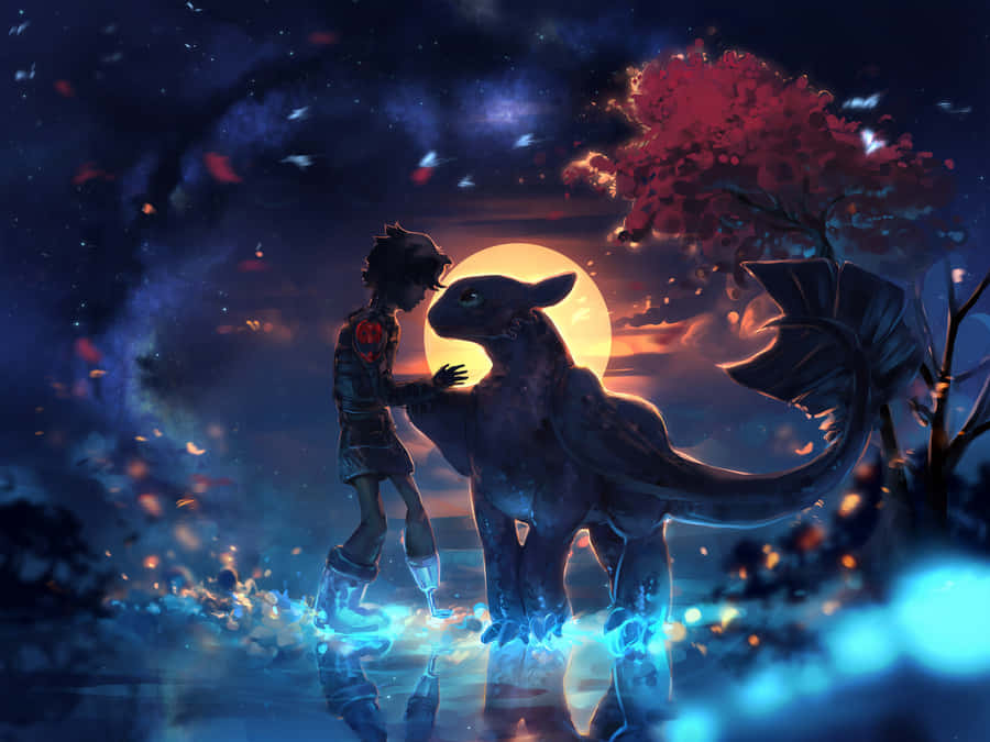 How To Train Your Dragon 4K 桌布 壁紙 — 一位年輕騎士在發光的月亮下輕撫一條龍，熾熱的樹葉在神秘的暮色天空中旋轉。