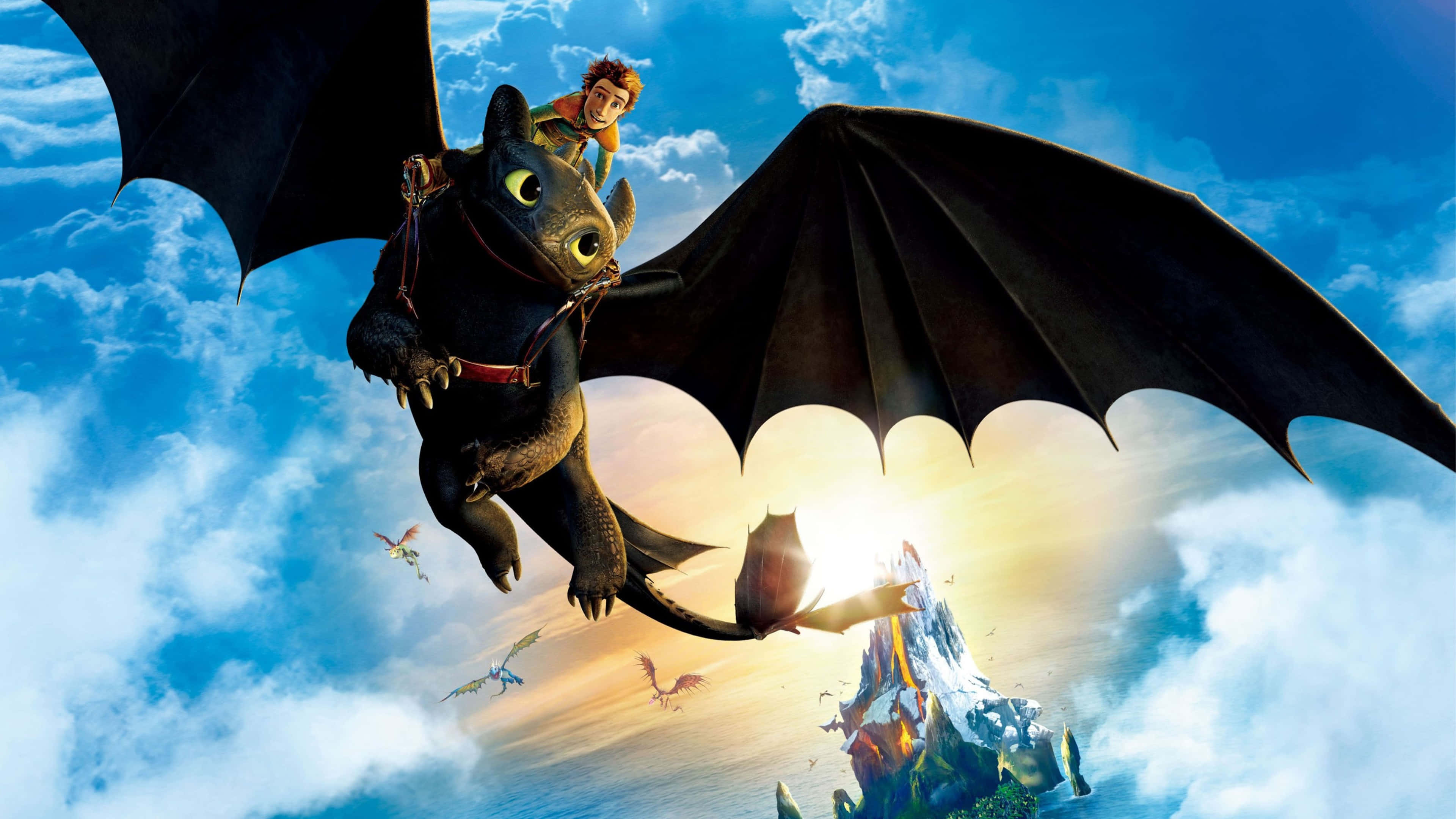 How To Train Your Dragon 4K 桌布 壁紙 — 一位年輕騎士騎著一頭眼睛發光的黑龍，在明亮的藍天、蓬鬆的雲朵和遠處陽光明媚的島嶼背景下翱翔。