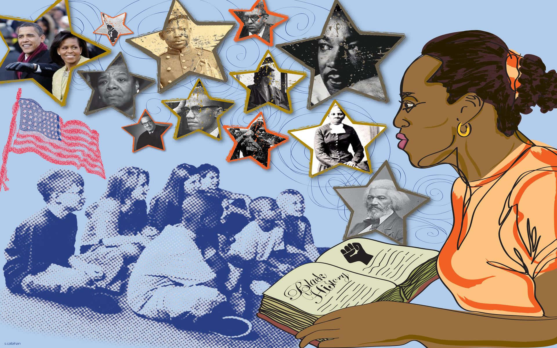 history 桌布 壁紙 — 一位年輕黑人女孩正在閱讀一本名為《Black History》的書，星形肖像畫中的標誌性人物在她周圍漂浮，背景為藍色。