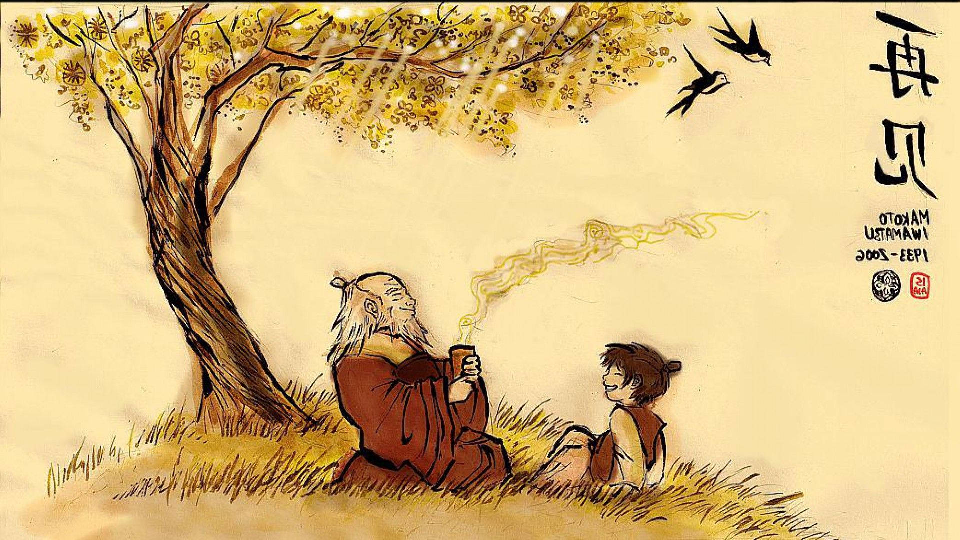 Airbender 桌布 壁紙 — 一位年長僧侶和一個孩子坐在金色樹下分享茶，鳥兒在頭頂飛翔，溫暖的插圖場景。