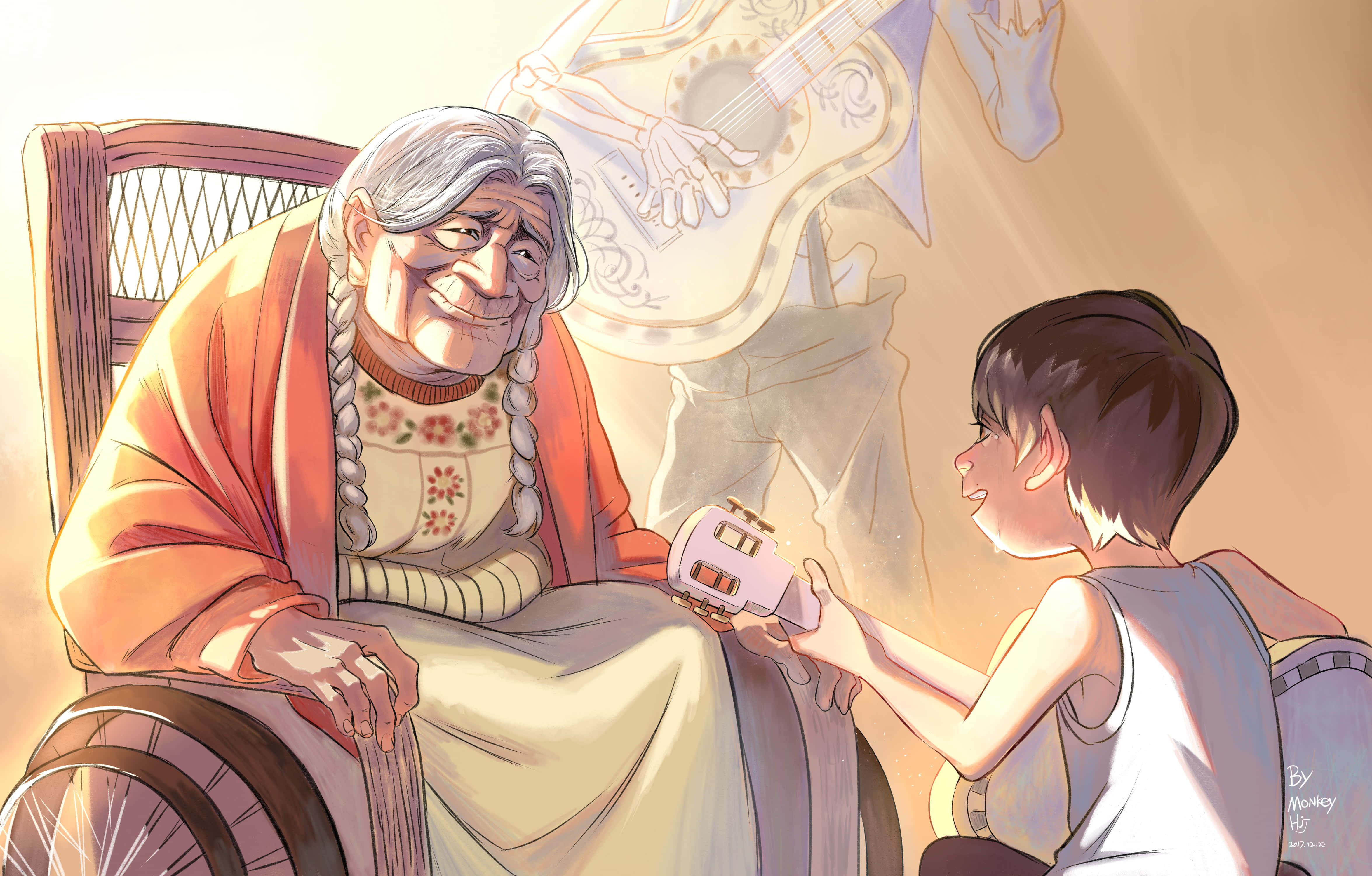 Animated 桌布 壁紙 — 一位年長女士坐在搖椅上，溫暖地從一個小男孩手中接過一把小吉他，房間陽光充足。