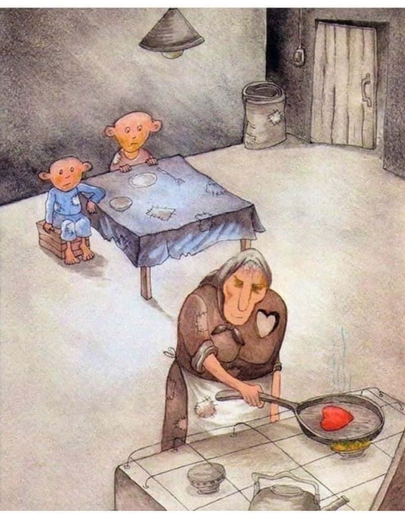 Meaningful 桌布 壁紙 — 一位年長女性在平底鍋中烹調一顆紅心，兩個孩子從簡陋房間的桌子旁觀看。