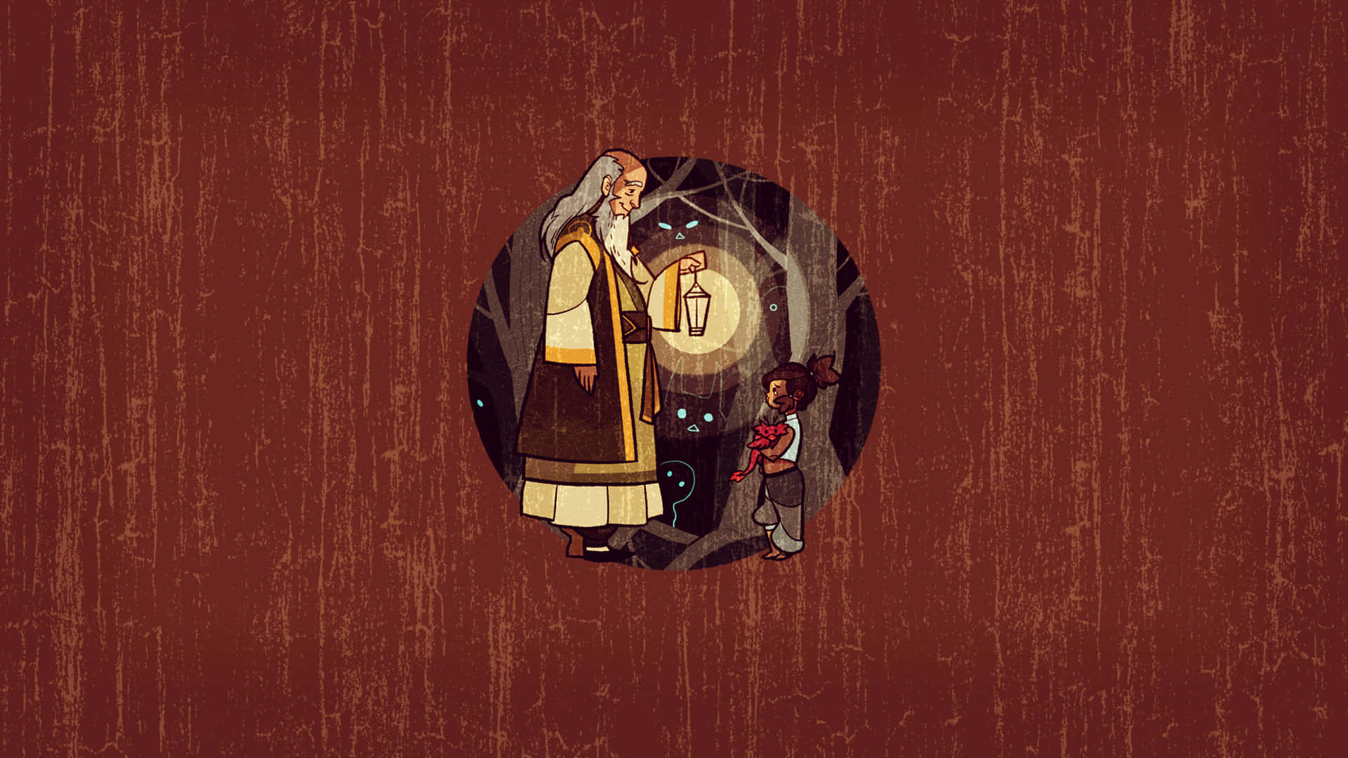 Uncle Iroh 桌布 壁紙 — 一位年長巫師提著燈籠，在發光的月亮下帶領一個小孩穿過神秘的森林。