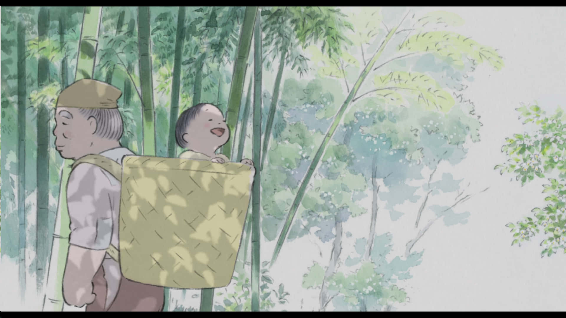 The Tale Of The Princess Kaguya 桌布 壁紙 — 一位年長男子用編織籃子載著一個大笑的孩子，穿過陽光斑駁的竹林。
