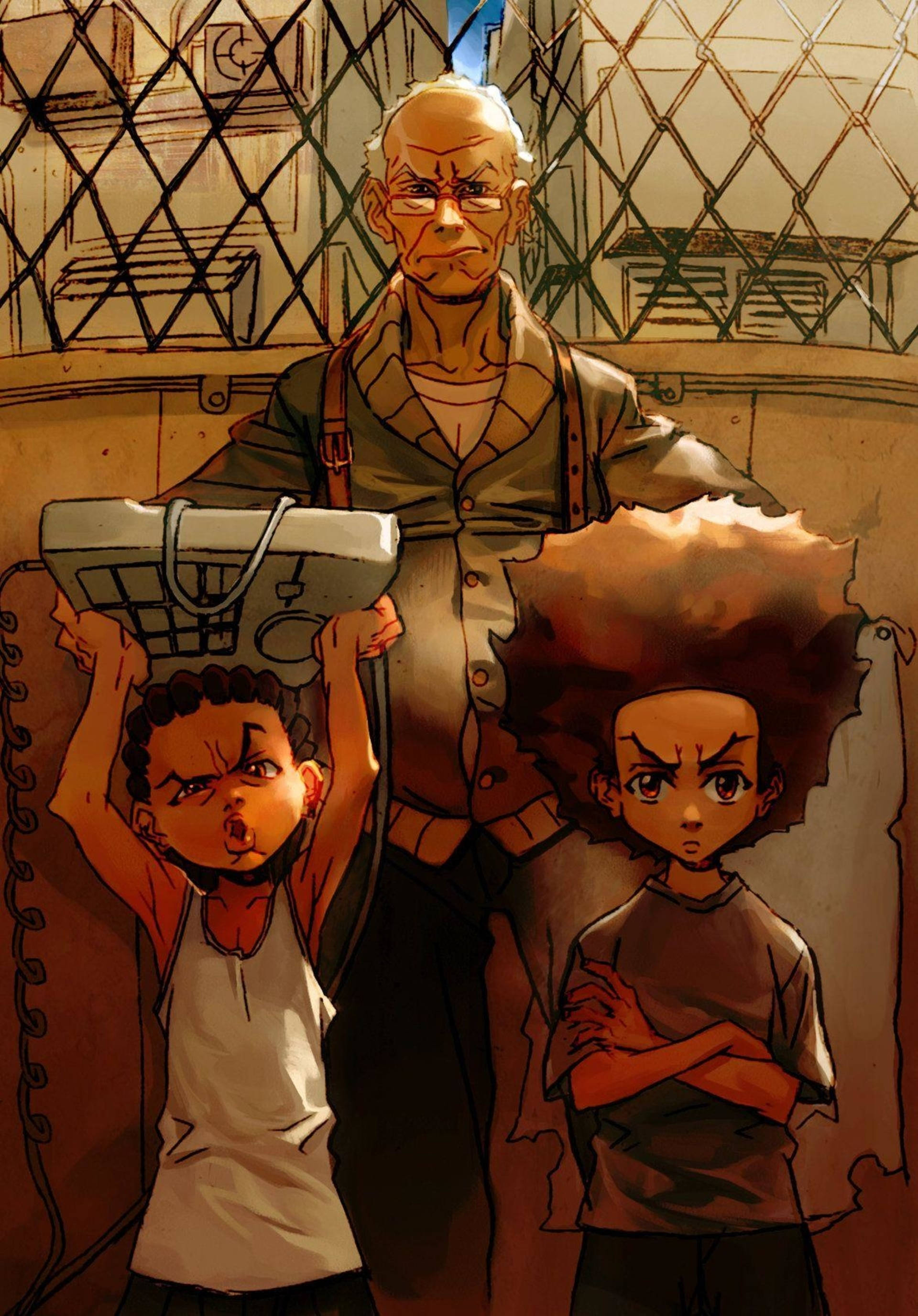 Boondocks 桌布 壁紙 — 一位年長男子與兩個堅定的孩子站在一個粗糙的城市小巷中，其中一個孩子將一個沉重的金屬物體舉過頭頂。