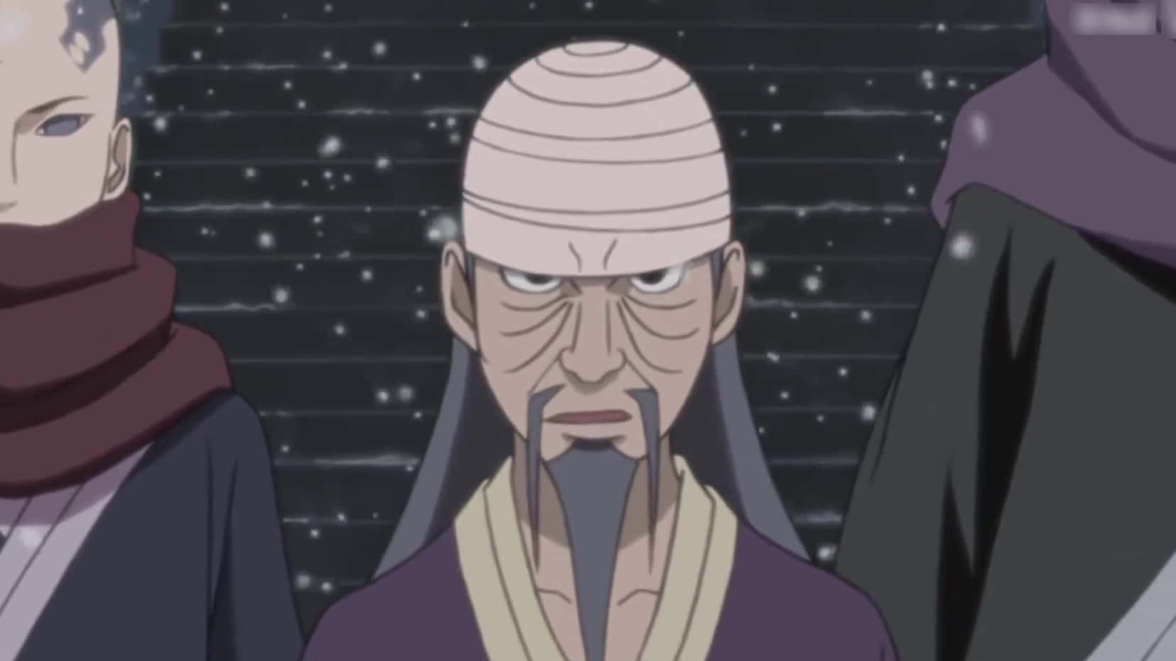 Toshiro Mifune 桌布 壁紙 — 一位年長的動漫男性，戴著白色頭巾和長長的灰色鬍鬚，在雪夜背景下莊嚴地站立。