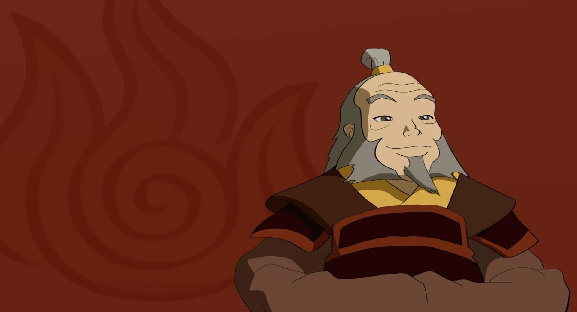 Uncle Iroh 桌布 壁紙 — 一位年長的動畫火術師，留著灰色鬍鬚和髮髻，平靜地坐在旋轉的紅色火焰背景前。