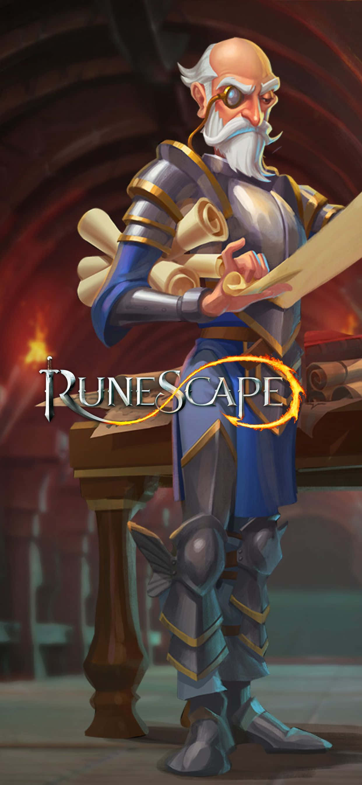iPhone Xs Max Runescape 桌布 壁紙 — 一位年長的法師身穿華麗盔甲，在昏暗的石室中手持卷軸，周圍有發光的符文。
