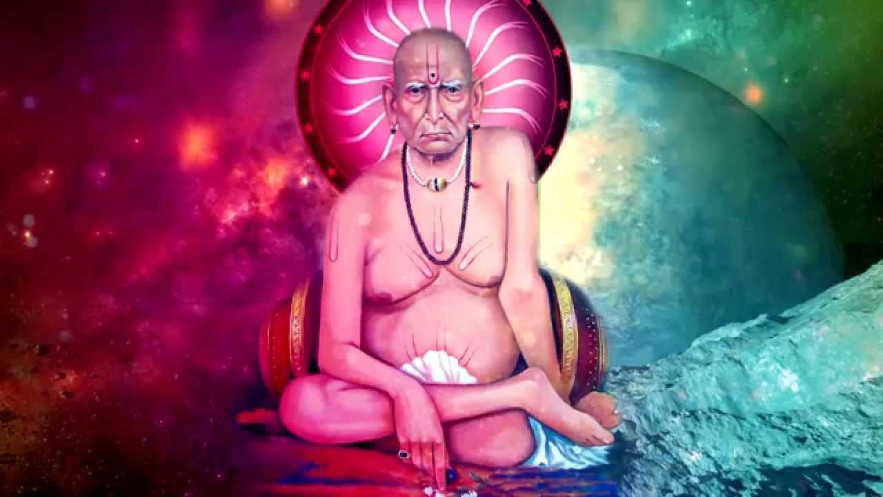 shri swami samarth 桌布 壁紙 — 一位年長的苦行者在宇宙王座上盤腿冥想，背景是充滿活力的星雲和發光的行星。