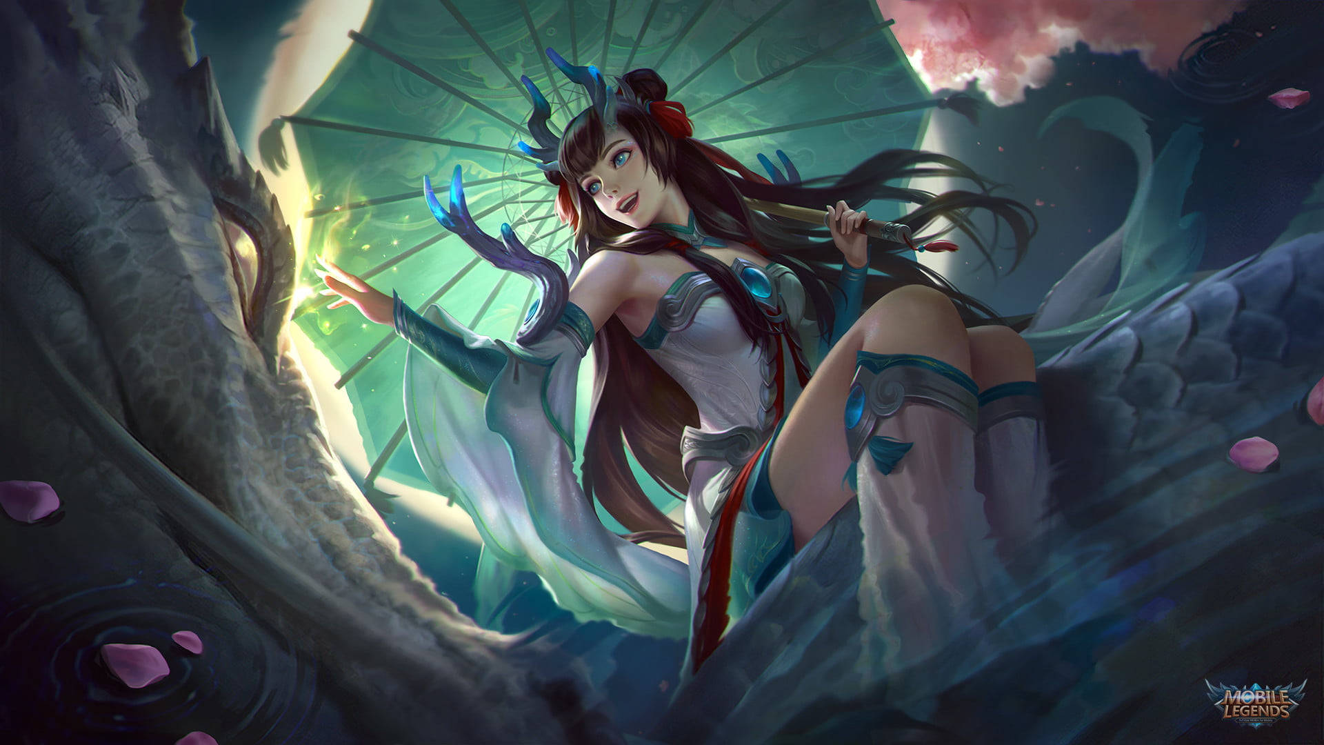 heroes 桌布 壁紙 — 一位幻想動漫女孩，長著深色長髮和藍色角，坐在龍背上，手持發光的綠色陽傘，周圍有粉紅色花瓣飄落。
