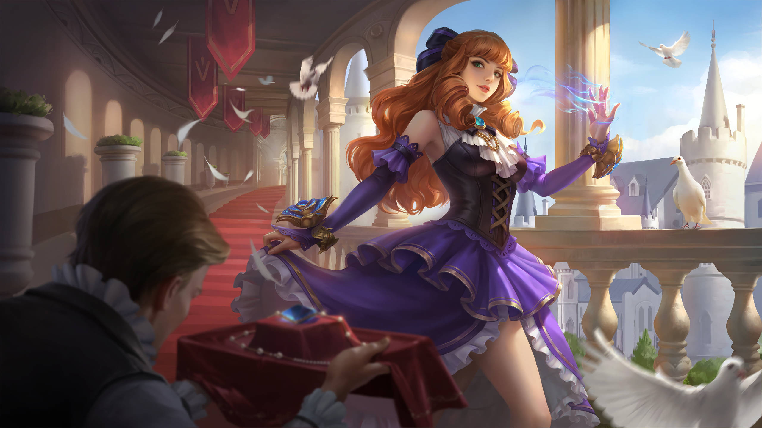 Mobile Legends 動態圖 桌布 壁紙 — 一位幻想動漫女孩穿著紫色連衣裙在城堡走廊施展魔法，而一個男孩則呈上禮物。