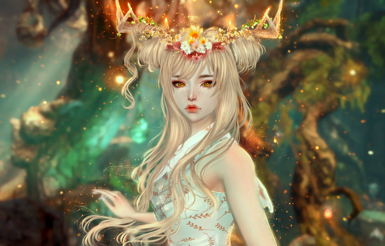 Sad Eyes 桌布 壁紙 — 一位幻想動漫少女，頭戴發光鹿角和花冠，站在沐浴著金色閃光的神秘森林中。
