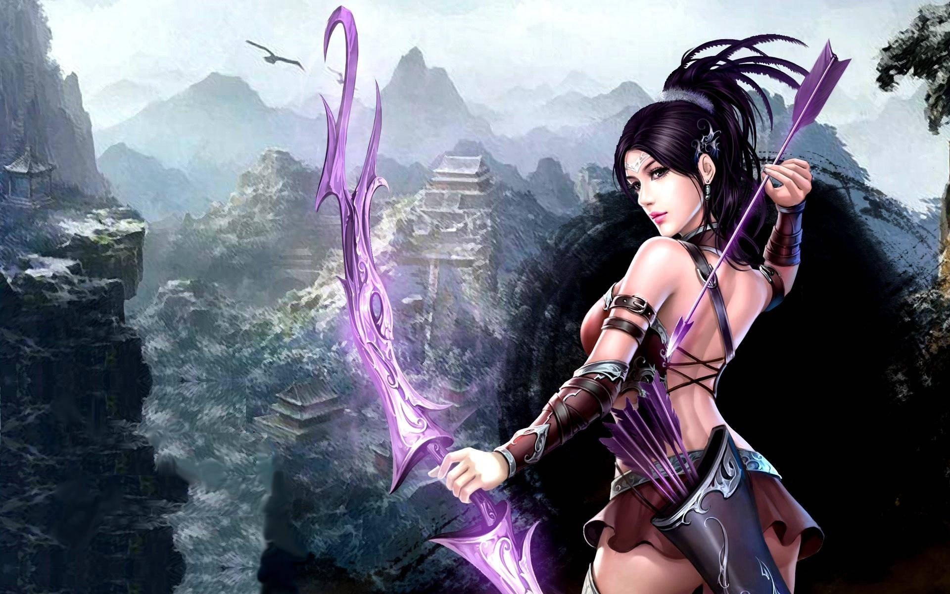 Archery 桌布 壁紙 — 一位幻想女弓箭手手持紫色發光的弓箭，站在懸崖上，俯瞰霧氣繚繞的山脈和古代遺跡。