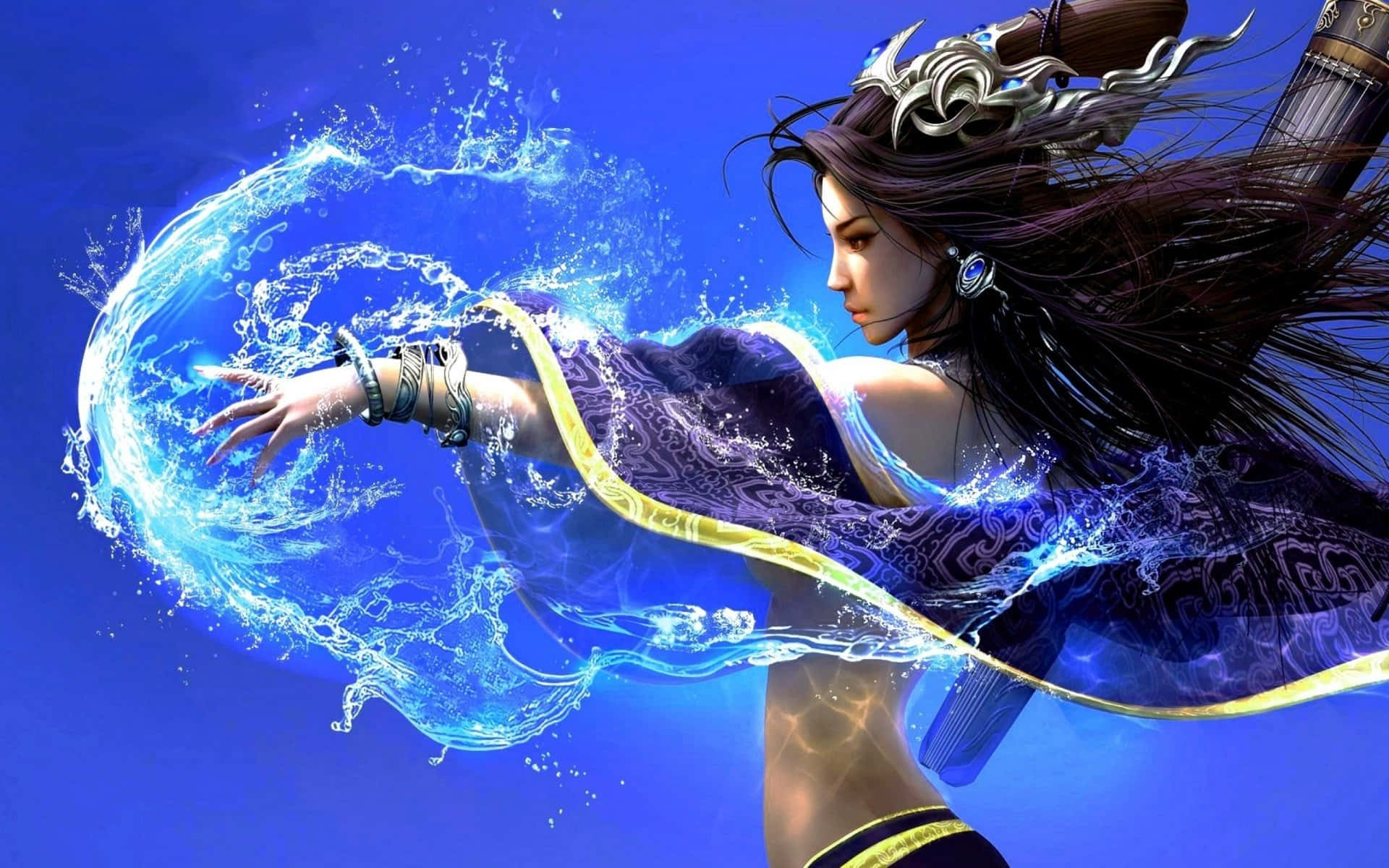 魔法動圖 桌布 壁紙 — 一位幻想女戰士，擁有飄逸的深色頭髮和華麗的頭飾，在純藍色背景前以動態姿勢引導發光的藍色水能量。