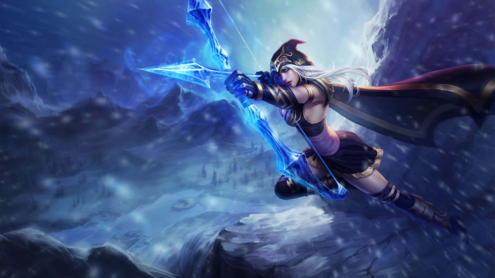 1920x1080 League Of Legends 桌布 壁紙 — 一位幻想弓箭手手持發光的藍色弓箭，站在白雪覆蓋的懸崖上，背景是暴風雪的冬日天空。