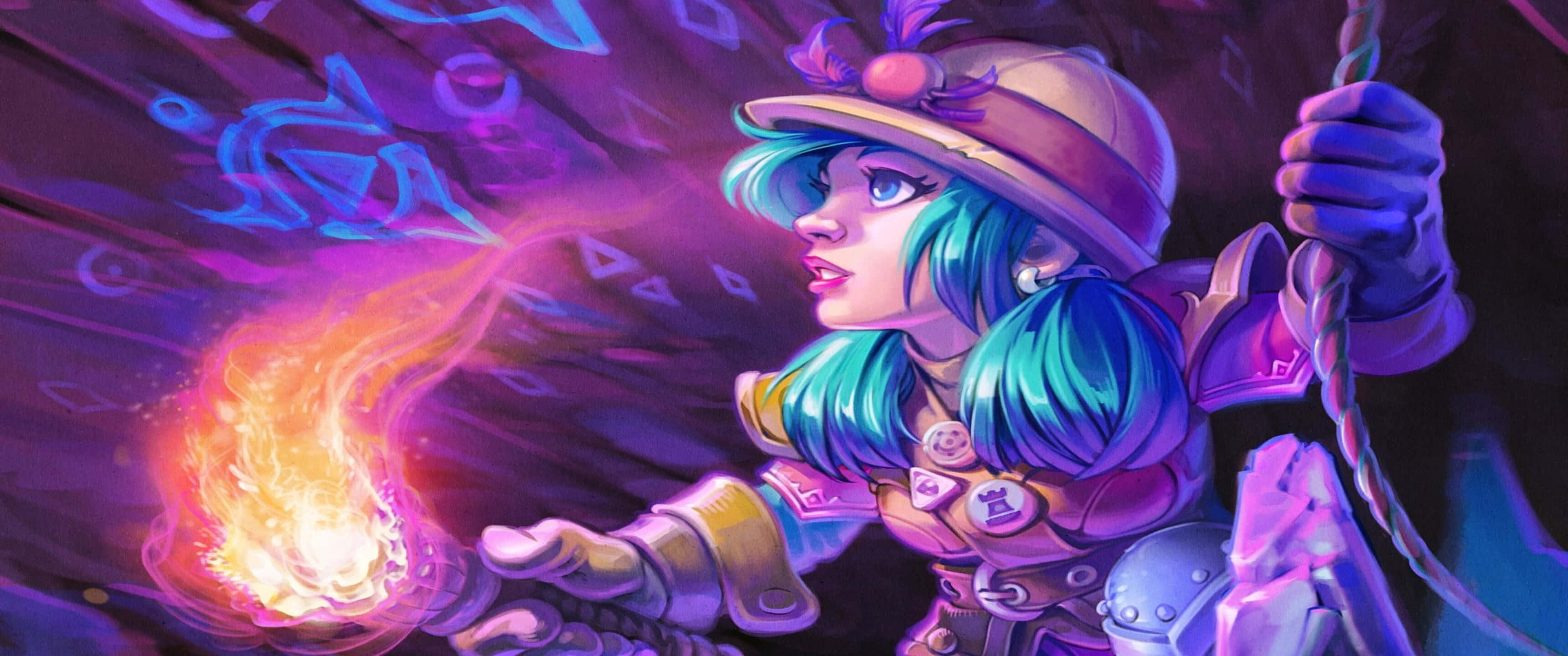 3440x1440p Hearthstone 桌布 壁紙 — 一位幻想法師，擁有藍綠色頭髮和帽子，在旋轉的紫色和藍色魔法背景下召喚出一個火球。