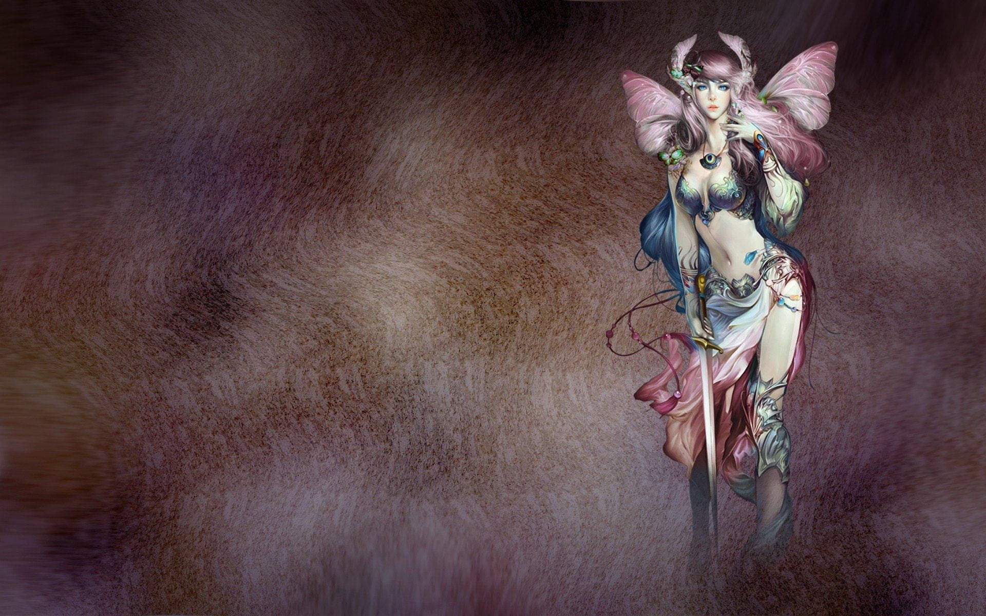 幻想精靈戰士，粉紅翅膀和劍，在黑暗神秘環境中 — 仙女 GIF 壁紙