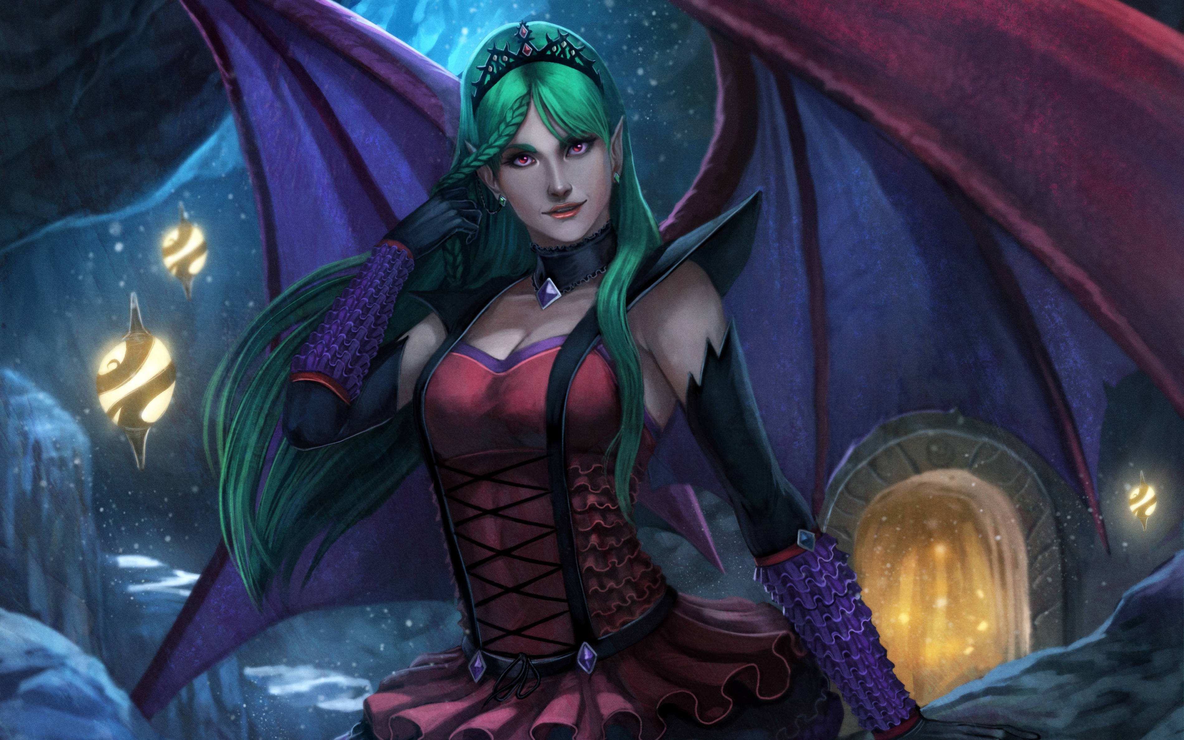 Succubus 桌布 壁紙 — 一位幻想龍女，綠髮紫翼，夜晚站在發光的洞穴入口處。