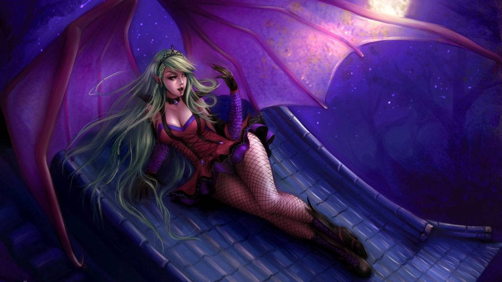 Succubus 桌布 壁紙 — 一位幻想龍女郎，長著綠色長髮，在繁星點點的紫色天空下，躺在瓦片屋頂上，翅膀發光。