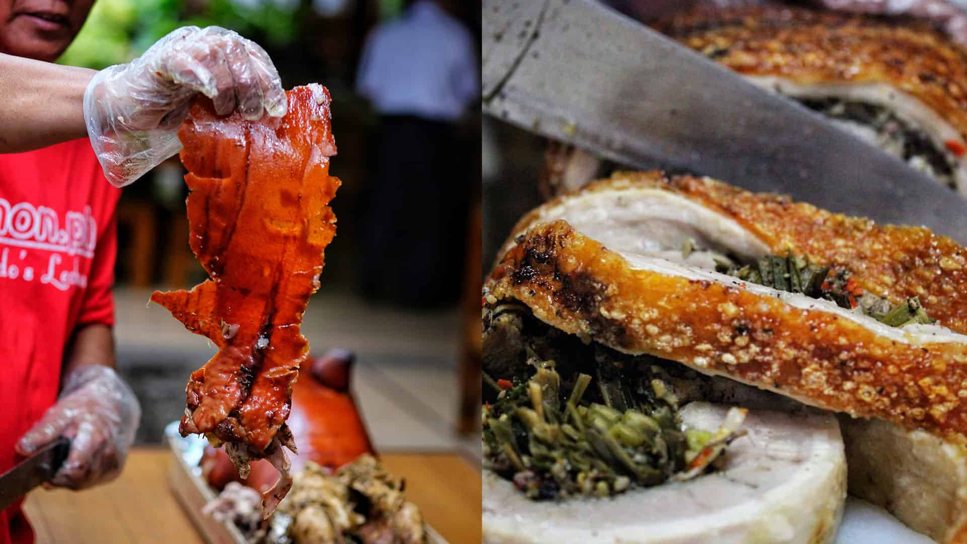 Pig 桌布 壁紙 — 一位廚師拿著一塊酥脆金黃的烤豬皮，特寫鏡頭顯示一塊切開的釀豬腩肉，配以綠色香草。