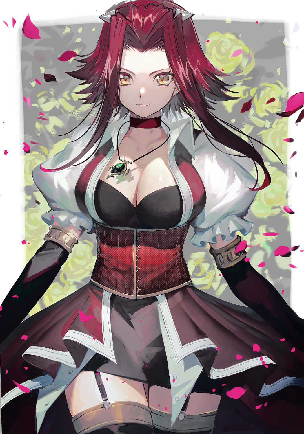Akiza Izinski 桌布 壁紙 — 一位引人注目的動漫女孩，擁有深紅色頭髮和金色眼睛，穿著紅白相間的束身衣，周圍飄落著粉紅色花瓣和發光的黃色玫瑰。