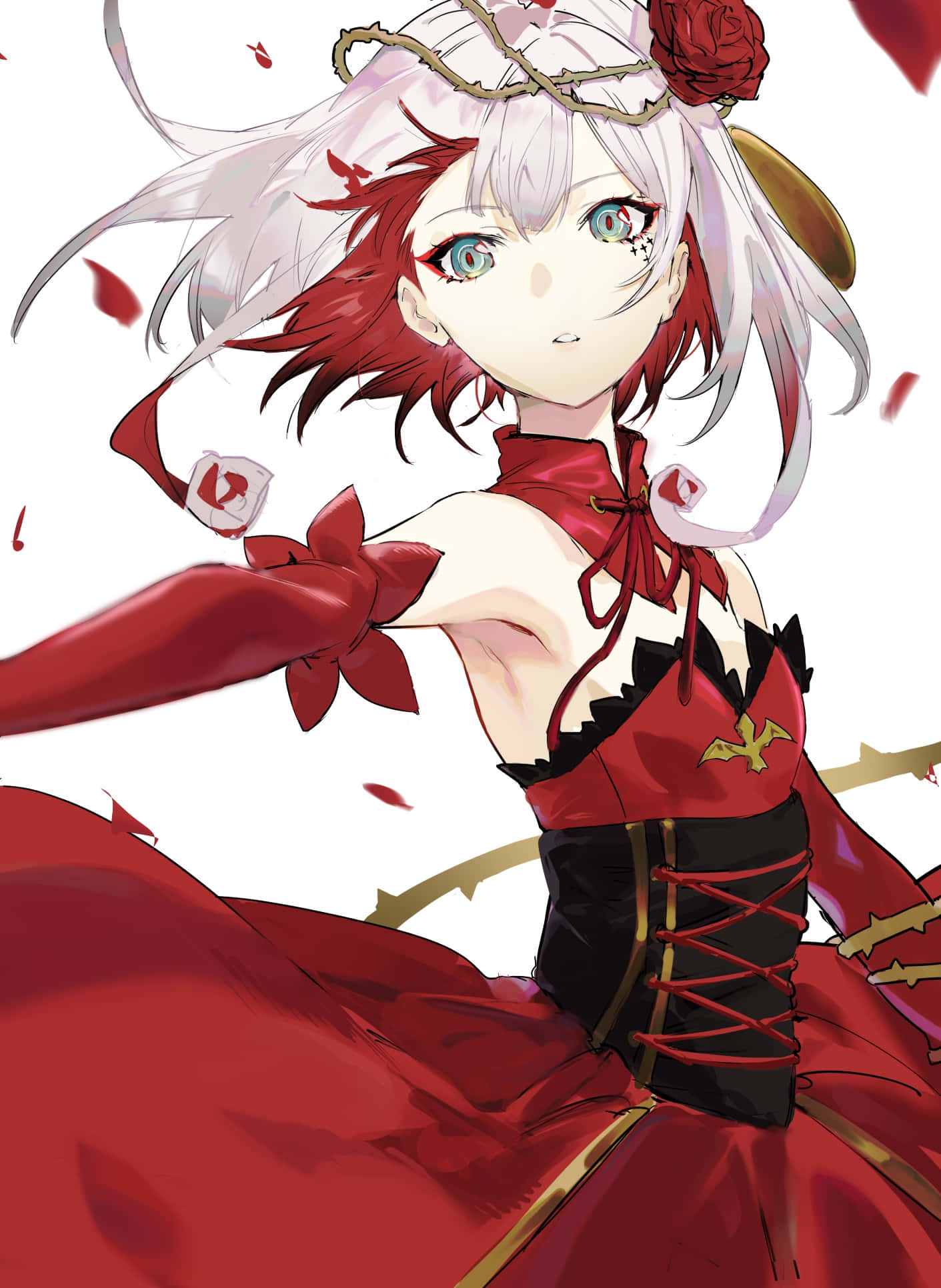 character design 桌布 壁紙 — 一位引人注目的動漫女孩，銀色頭髮和紅色玫瑰點綴，穿著戲劇性的紅黑連衣裙，背景為白色。