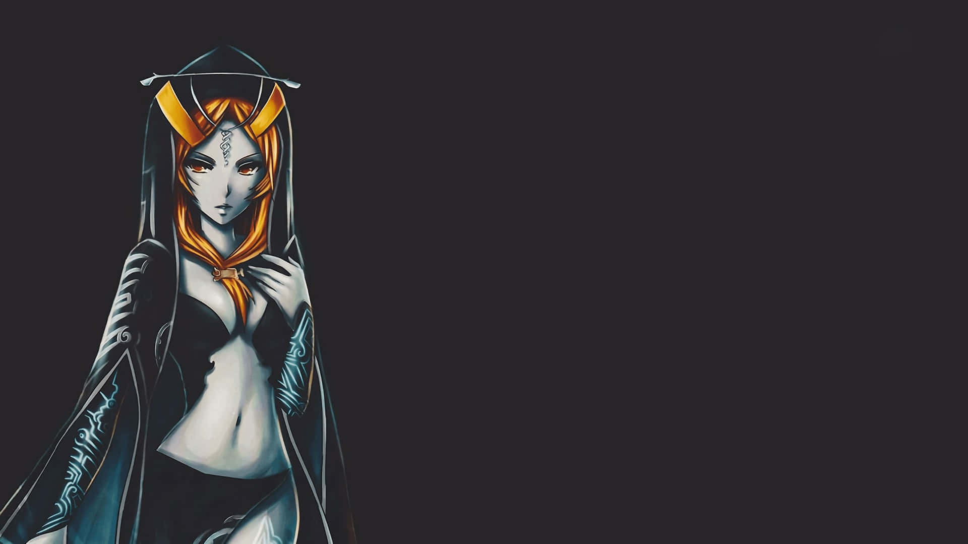 The Legend Of Zelda Midna 桌布 壁紙 — 一位引人注目的動漫女性，擁有橙色頭髮和深色連帽斗篷，站在帶有發光藍色符文的黑色背景前。