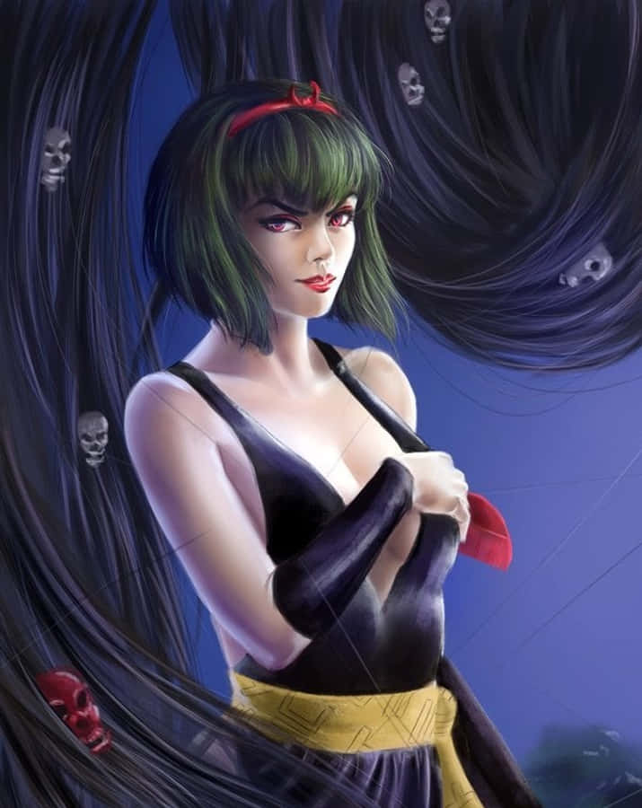 Inuyasha Yura 桌布 壁紙 — 一位引人注目的動漫女性，擁有綠色頭髮和紅色眼睛，自信地站立，骷髏頭在她深色飄逸的頭髮中旋轉，背景是深藍色。